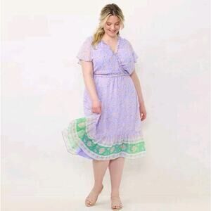 LC Lauren Conrad Dress 1X Purple Floral Faux Wrap Prairie Cottagecore Romantic